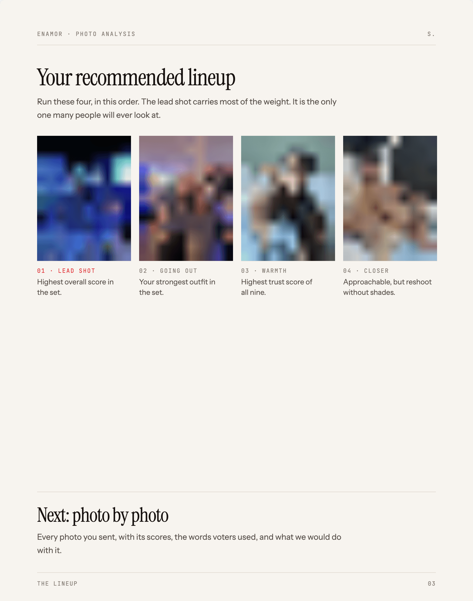 Report page, ranked photo lineup