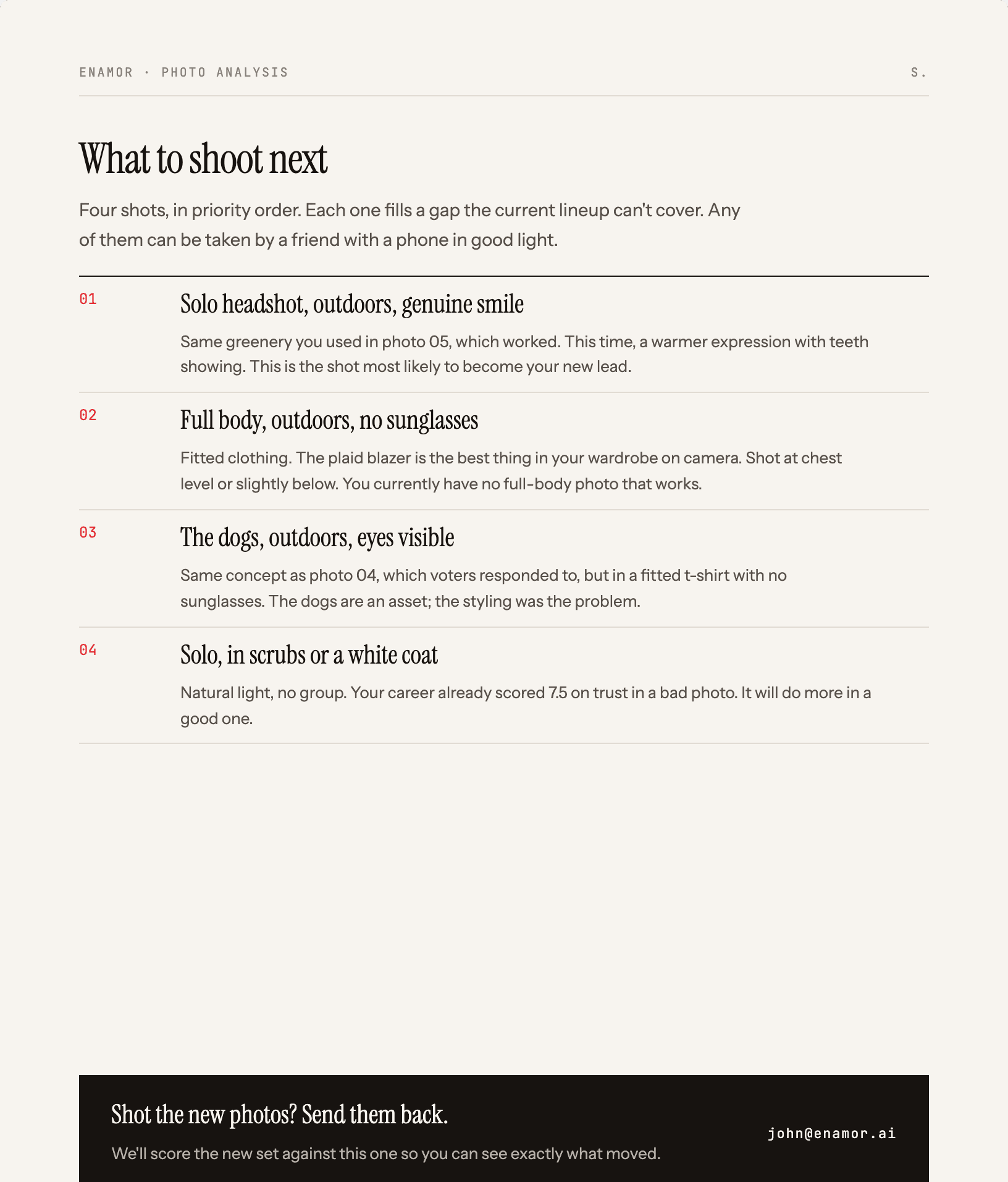 Report page, what to shoot next